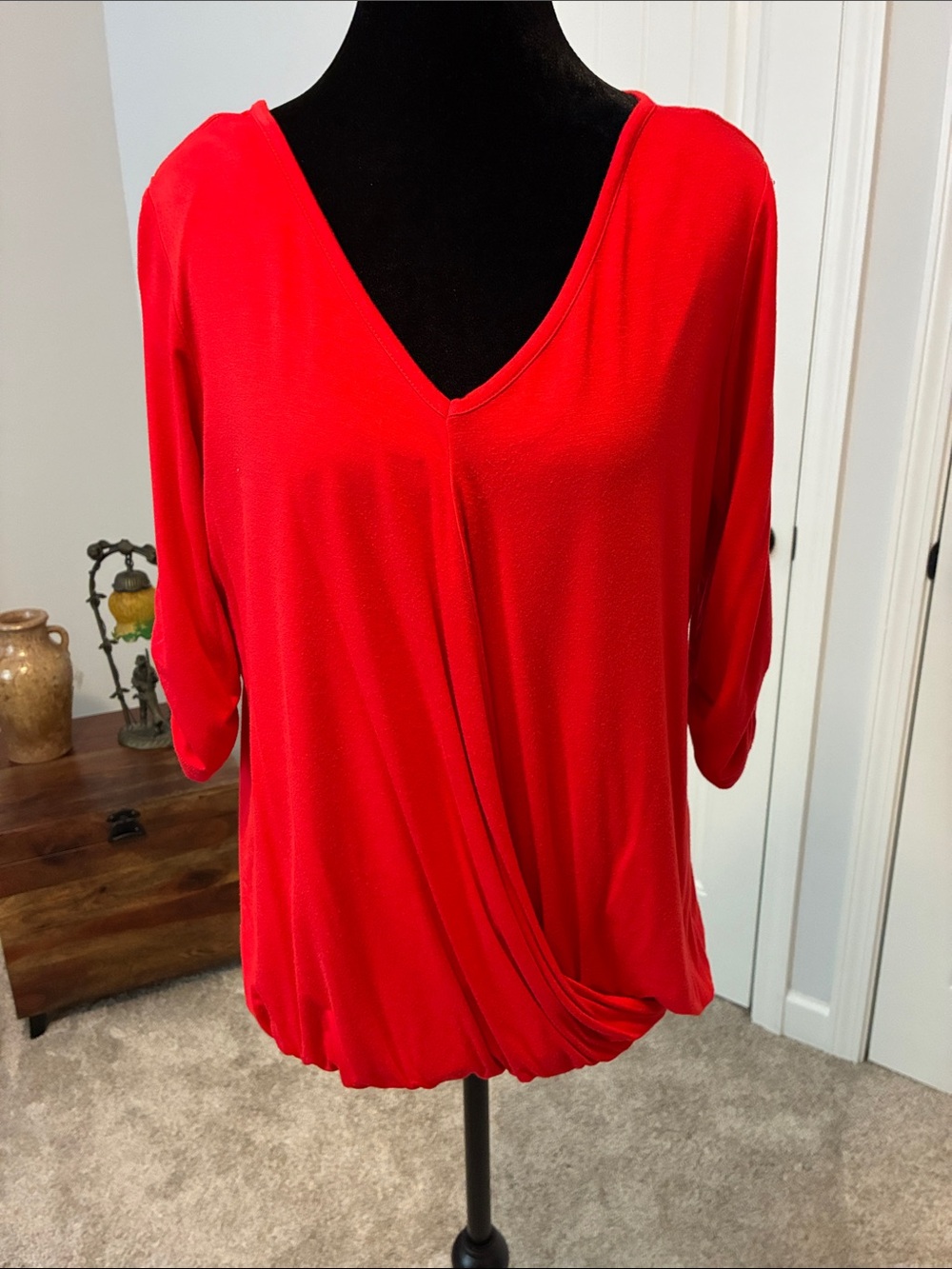 Karen Kane Bright Red V-Neck Draped Front Blouse
